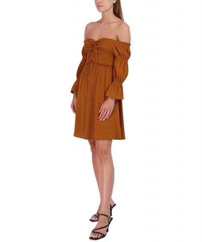 Women's Smocked Off-The-Shoulder Bubble-Sleeve Dress Orange $38.78 Dresses