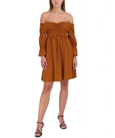 Women's Smocked Off-The-Shoulder Bubble-Sleeve Dress Orange $38.78 Dresses