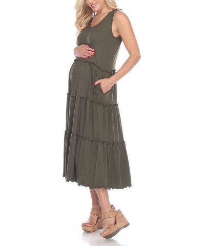 Women's Maternity Scoop Neck Tiered Midi Dress Green $32.64 Dresses