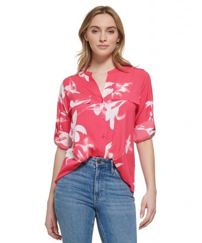 Women's Long Sleeve Printed Roll Tab Shirt Rosebud Multi $38.03 Tops