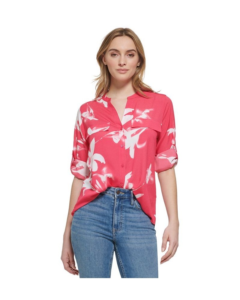 Women's Long Sleeve Printed Roll Tab Shirt Rosebud Multi $38.03 Tops