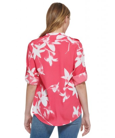 Women's Long Sleeve Printed Roll Tab Shirt Rosebud Multi $38.03 Tops