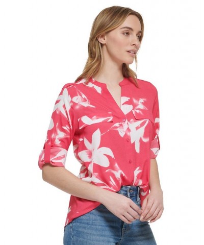 Women's Long Sleeve Printed Roll Tab Shirt Rosebud Multi $38.03 Tops