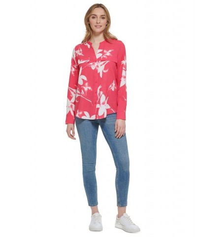 Women's Long Sleeve Printed Roll Tab Shirt Rosebud Multi $38.03 Tops