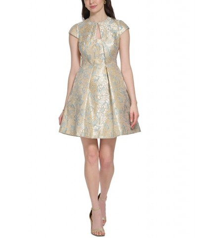 Women's Jacquard Cap-Sleeve Fit & Flare Dress Blue $41.60 Dresses