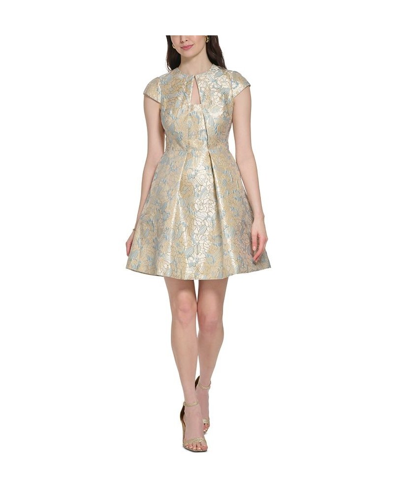 Women's Jacquard Cap-Sleeve Fit & Flare Dress Blue $41.60 Dresses