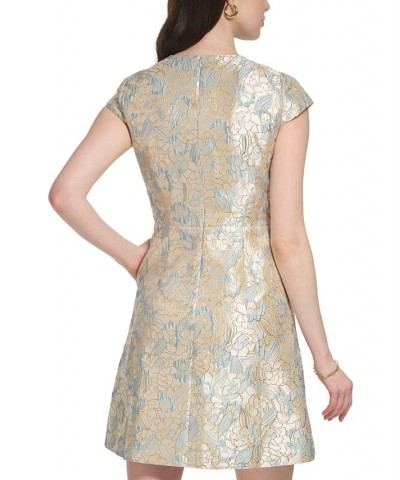 Women's Jacquard Cap-Sleeve Fit & Flare Dress Blue $41.60 Dresses