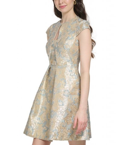 Women's Jacquard Cap-Sleeve Fit & Flare Dress Blue $41.60 Dresses