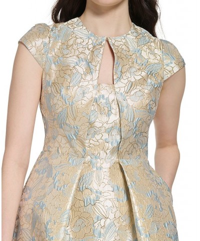 Women's Jacquard Cap-Sleeve Fit & Flare Dress Blue $41.60 Dresses