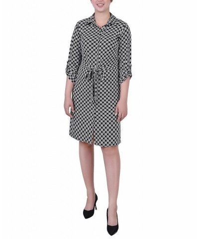 Women's 3/4 Sleeve Roll Tab Shirtdress with Belt Black White Iconic $20.72 Dresses