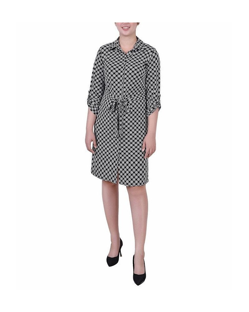 Women's 3/4 Sleeve Roll Tab Shirtdress with Belt Black White Iconic $20.72 Dresses