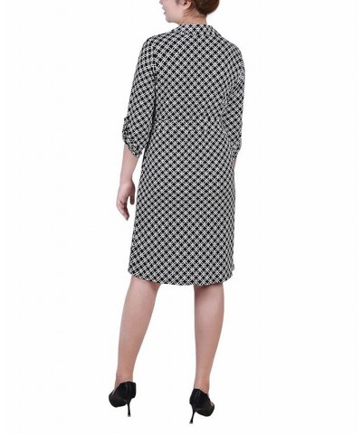 Women's 3/4 Sleeve Roll Tab Shirtdress with Belt Black White Iconic $20.72 Dresses