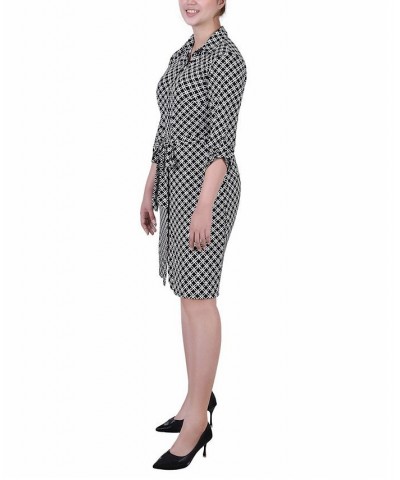 Women's 3/4 Sleeve Roll Tab Shirtdress with Belt Black White Iconic $20.72 Dresses