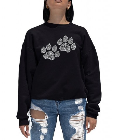 Women's Word Art Crewneck Woof Paw Prints Sweatshirt Black $25.49 Sweatshirts