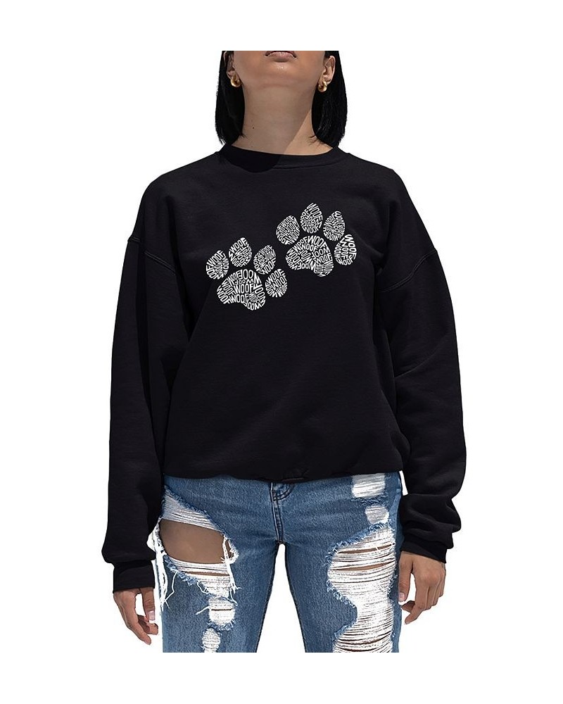 Women's Word Art Crewneck Woof Paw Prints Sweatshirt Black $25.49 Sweatshirts