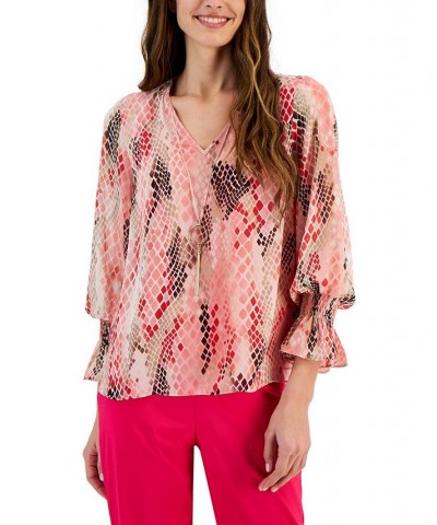 Petite Printed Smocked-Cuff Necklace Top Pink $34.83 Tops