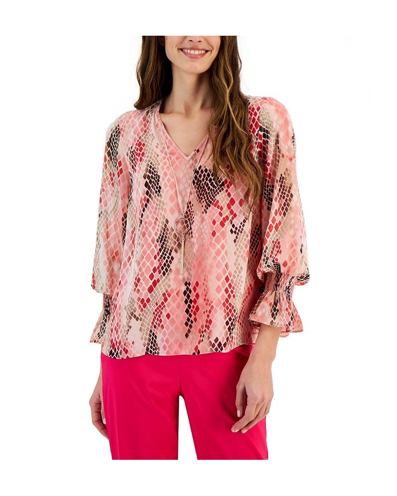 Petite Printed Smocked-Cuff Necklace Top Pink $34.83 Tops