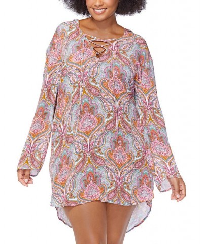 Plus Size Paisley-Print Silk Road Hooded Lace-Up Swim Cover-Up Multi $43.12 Swimsuits