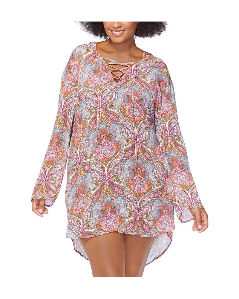 Plus Size Paisley-Print Silk Road Hooded Lace-Up Swim Cover-Up Multi $43.12 Swimsuits