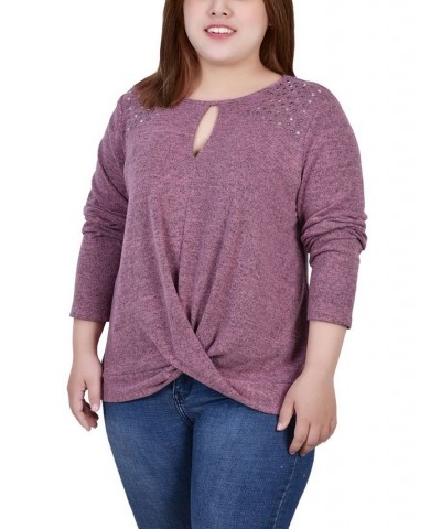 Plus Size Long Sleeve Knit Keyhole Top with Studs Purple $16.35 Tops