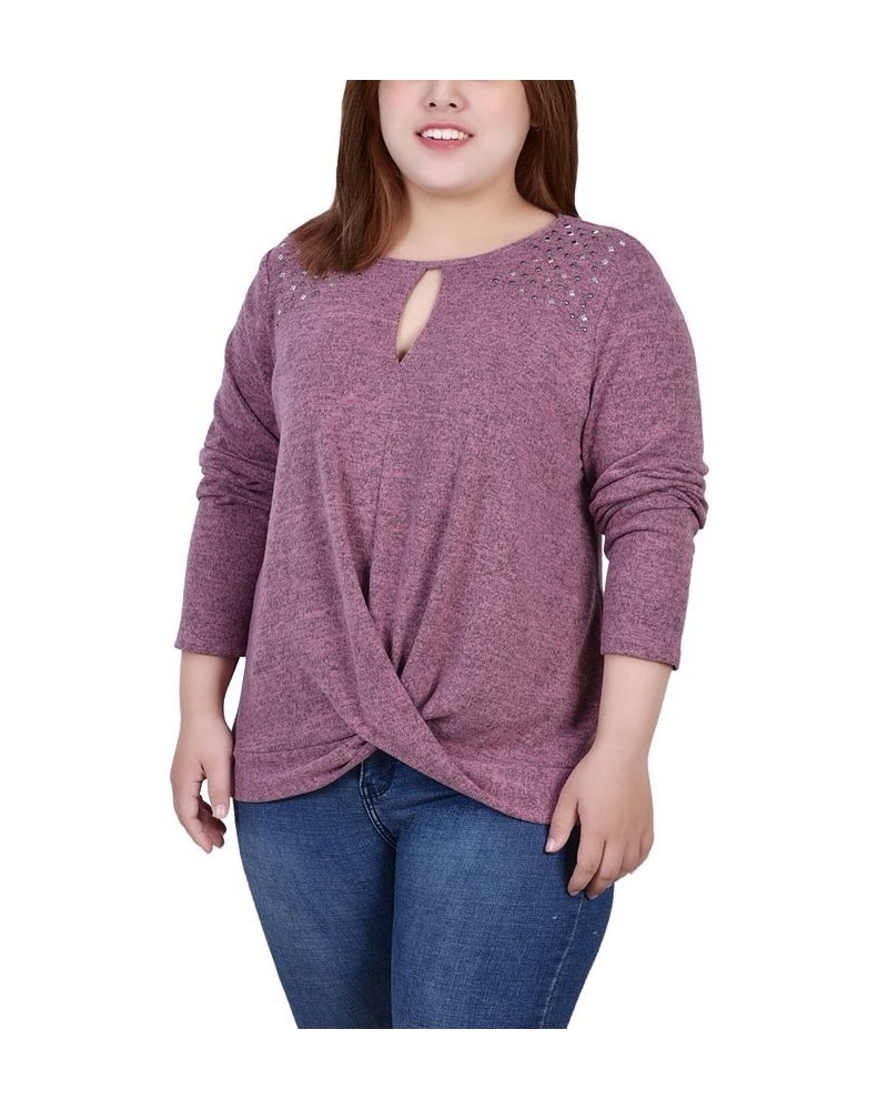 Plus Size Long Sleeve Knit Keyhole Top with Studs Purple $16.35 Tops