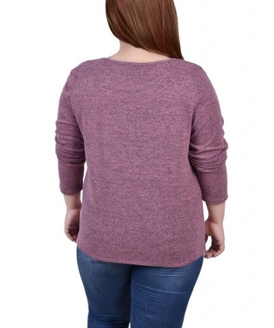 Plus Size Long Sleeve Knit Keyhole Top with Studs Purple $16.35 Tops