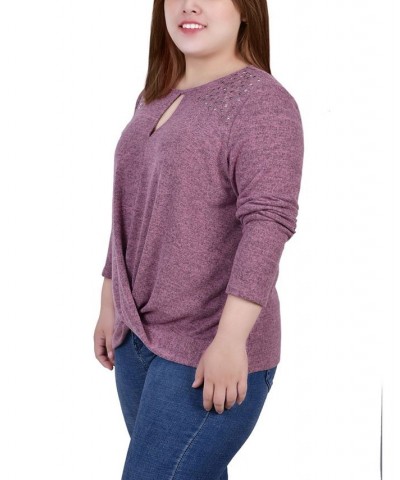 Plus Size Long Sleeve Knit Keyhole Top with Studs Purple $16.35 Tops