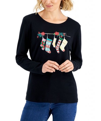 Women's Long-Sleeve Holiday Top Deep Black Stocking $10.07 Tops