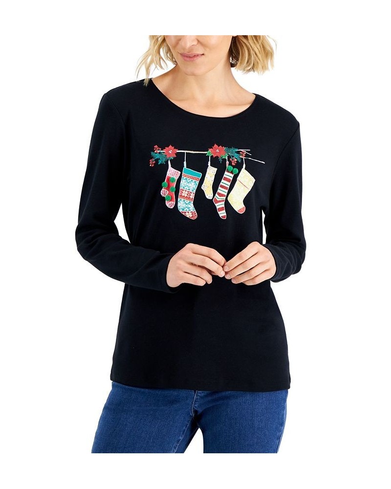 Women's Long-Sleeve Holiday Top Deep Black Stocking $10.07 Tops