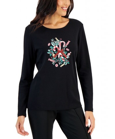 Women's Long-Sleeve Holiday Top Deep Black Stocking $10.07 Tops