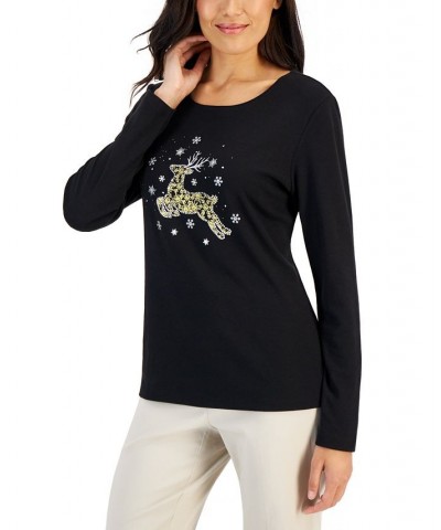 Women's Long-Sleeve Holiday Top Deep Black Stocking $10.07 Tops