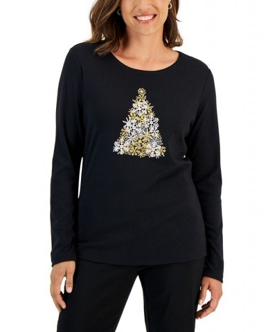 Women's Long-Sleeve Holiday Top Deep Black Stocking $10.07 Tops