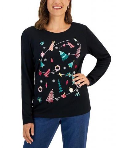 Women's Long-Sleeve Holiday Top Deep Black Stocking $10.07 Tops