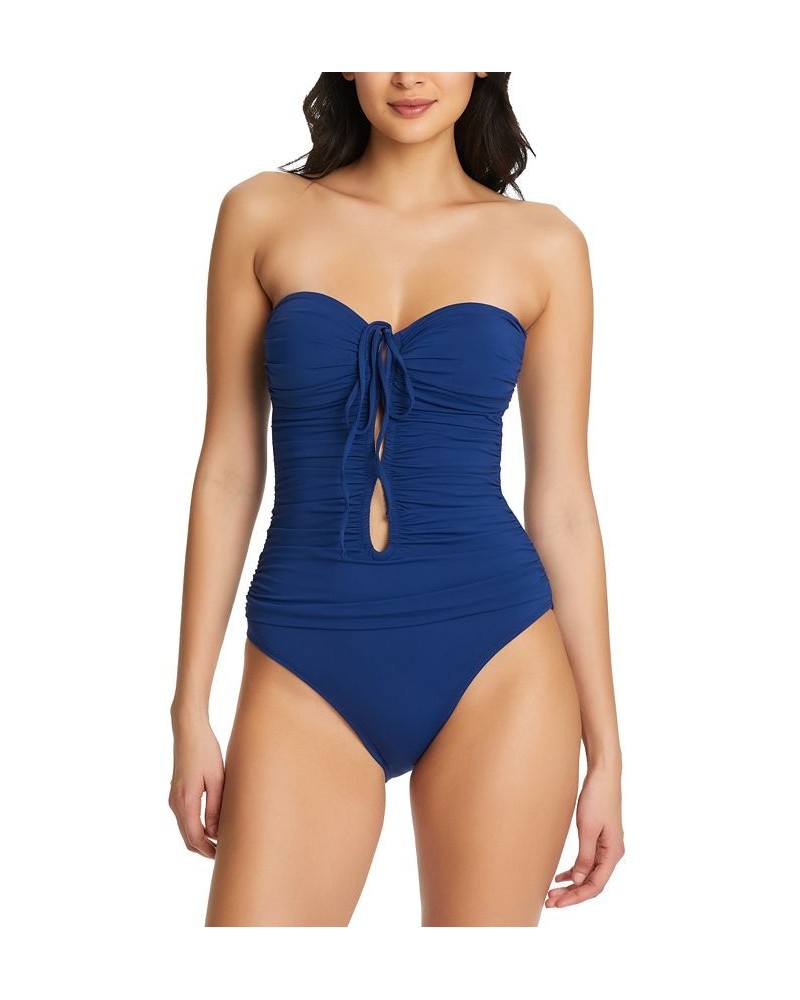 Women's All Tied Up Bandeau Ruched Tie-Front One-Piece Swimsuit Navy $41.85 Swimsuits