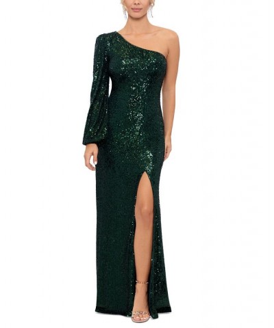 Sequined One-Shoulder Gown Green $115.60 Dresses