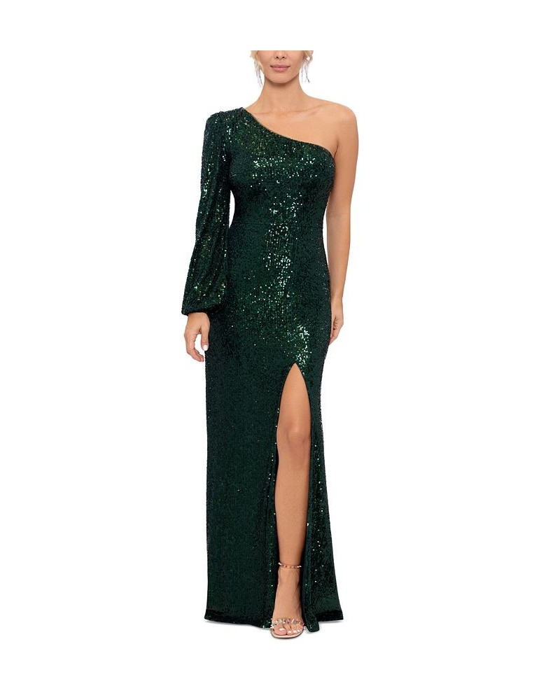 Sequined One-Shoulder Gown Green $115.60 Dresses