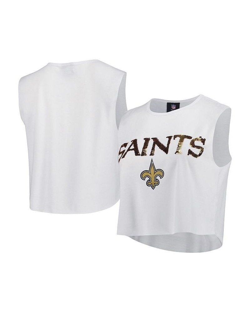 Women's White New Orleans Saints Sequin Tri-Blend Cropped Tank Top White $20.00 Tops