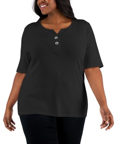 Plus Size Henley Top Black $13.78 Tops