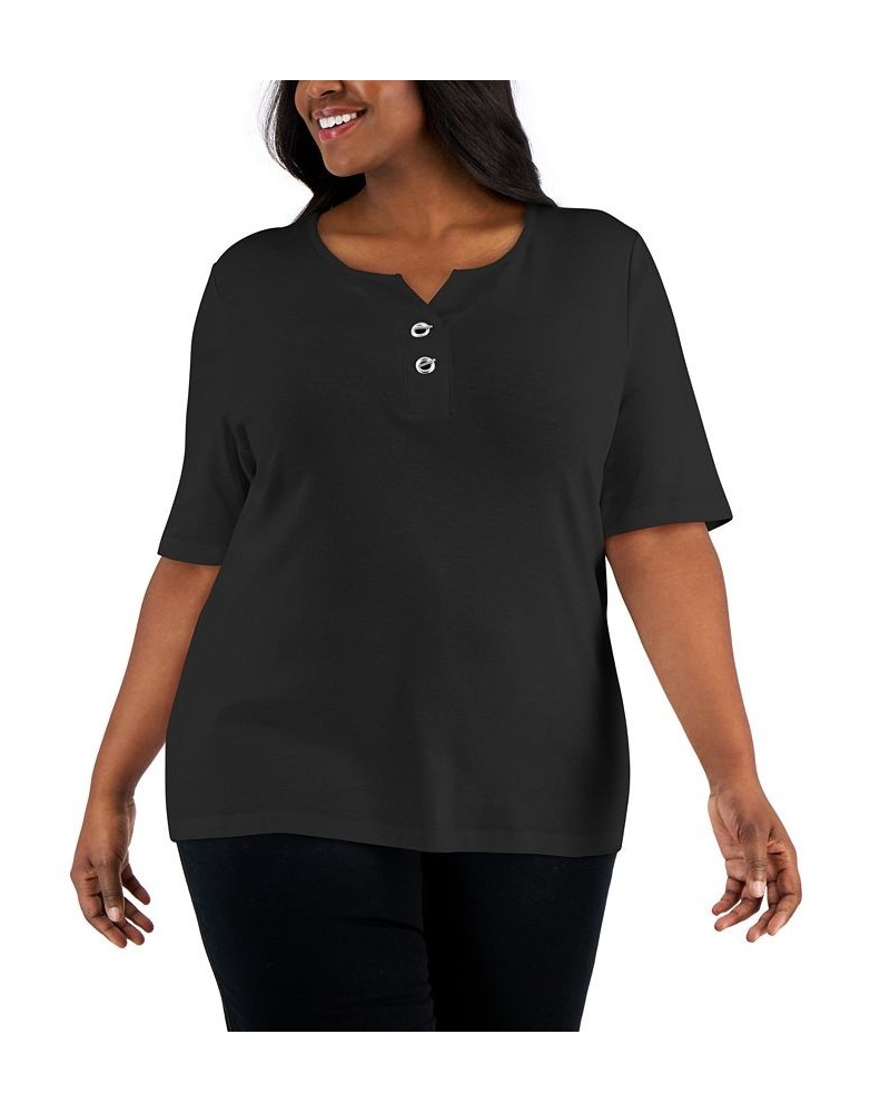 Plus Size Henley Top Black $13.78 Tops