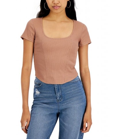 Juniors' Corset Scoop-Neck T-Shirt Brown $10.50 Tops