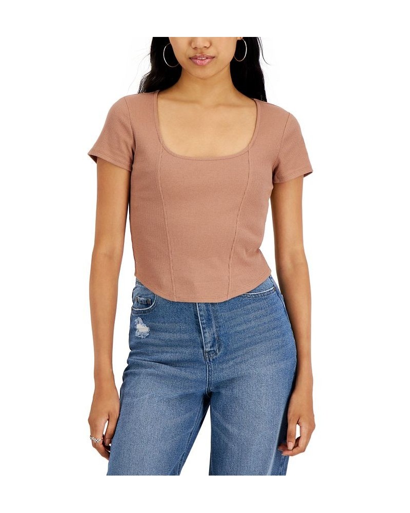 Juniors' Corset Scoop-Neck T-Shirt Brown $10.50 Tops