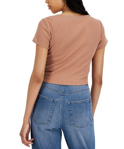 Juniors' Corset Scoop-Neck T-Shirt Brown $10.50 Tops