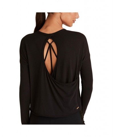 Women's Regular Size Open Back Long Sleeve T-Shirt Black $31.20 Tops