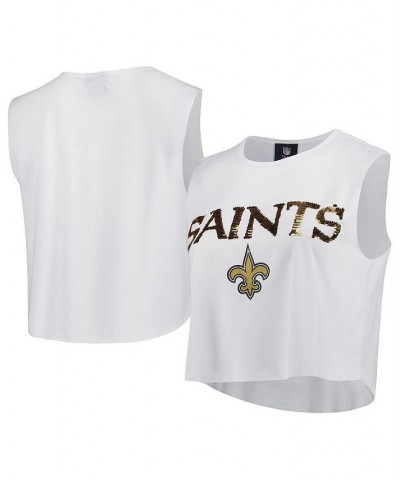 Women's White New Orleans Saints Sequin Tri-Blend Cropped Tank Top White $20.00 Tops