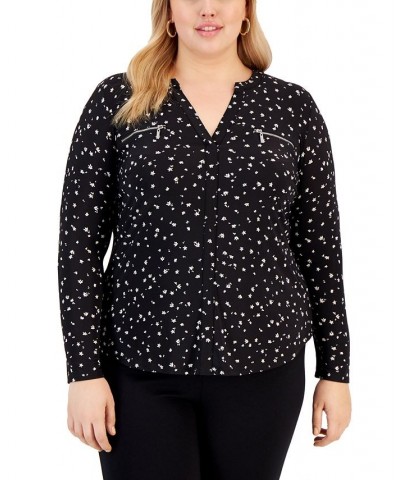 Plus Size Printed Zip-Pocket Top Riley Ditsy Floral $19.44 Tops