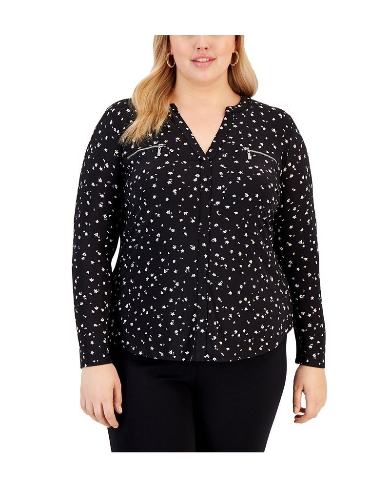 Plus Size Printed Zip-Pocket Top Riley Ditsy Floral $19.44 Tops