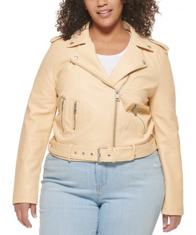 Plus Size Faux Leather Belted Motorcycle Jacket Shell Pink $47.00 Jackets