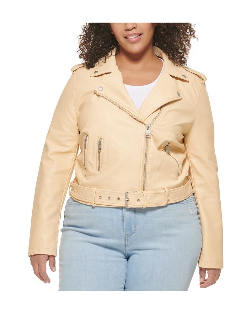 Plus Size Faux Leather Belted Motorcycle Jacket Shell Pink $47.00 Jackets