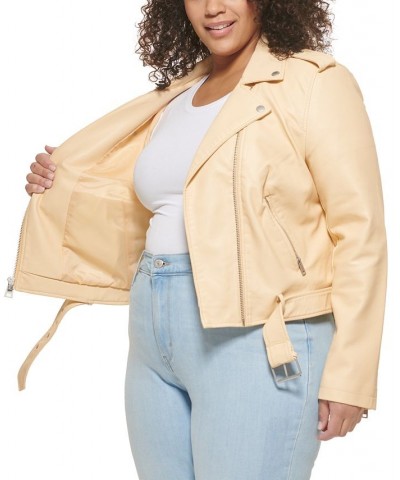 Plus Size Faux Leather Belted Motorcycle Jacket Shell Pink $47.00 Jackets