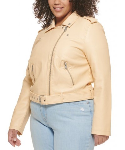 Plus Size Faux Leather Belted Motorcycle Jacket Shell Pink $47.00 Jackets